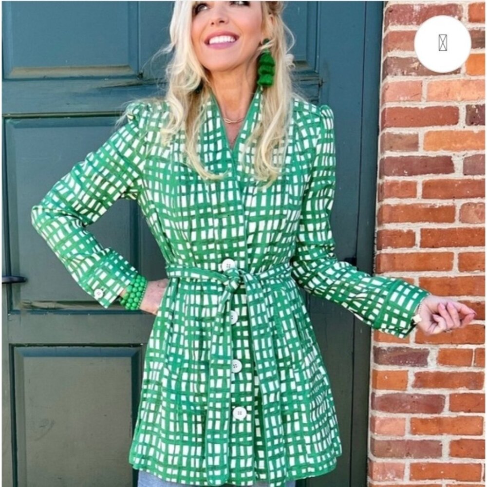 CaBi CIRCUIT Green White Plaid Belted Trench Jacket Linen Blend Sz M Mod Plaid